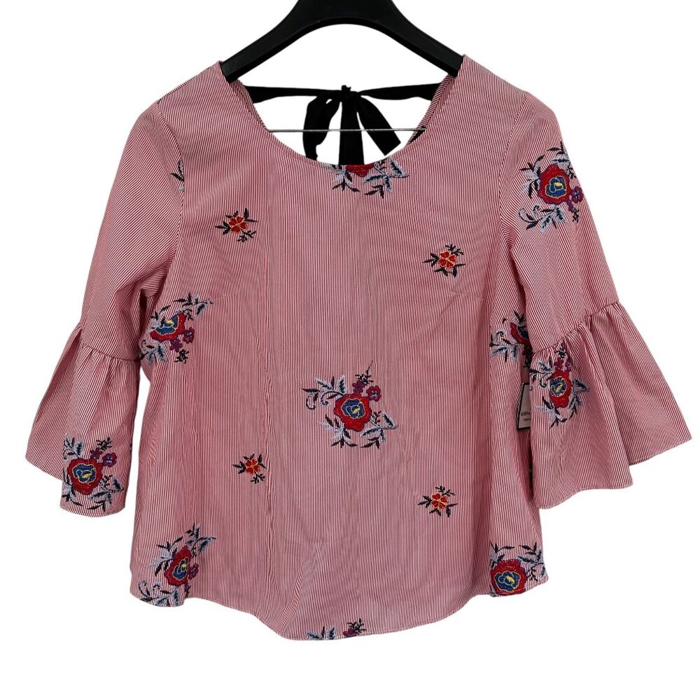 Nine West Women's Floral Embroidered BOHO Artsy Boxy Bell Sleeve Top Size Medium
